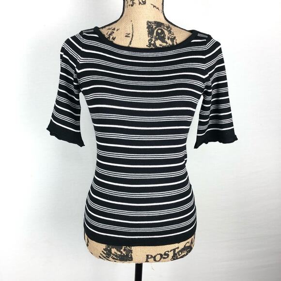 ModCloth And Some Ruffle Knit Top Stripe NWOT Size XXS Half Sleeve Black White - Picture 2 of 8